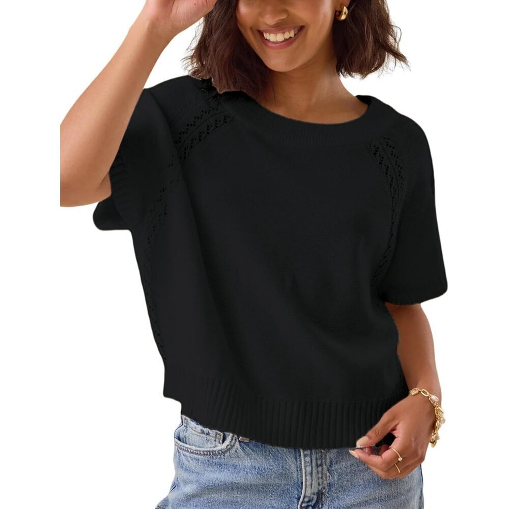 Women Knit Crochet Top Short Sleeve Crewneck Loose Casual Summer Tee